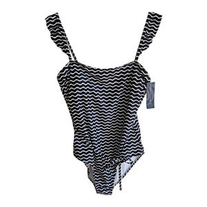 NEW! Aqua Couture Women Black White Wave Print Ruffle One Piece Swimsuit XL NWT